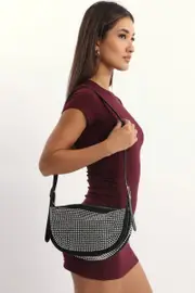 Black Rhinestones Crescent Bag - Size ONE, Women's Bags