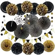 WEEMAGIC Party Decoration, 21 Pcs Black and Gold Hanging Paper Fans, Pom Poms Flowers, Garlands String Polka Dot and Triangle Bunting Flags for Birthday Parties Wedding Décor, Table & Wall Decorations