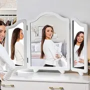 LUXFURNI Hollywood Large Vanity Trifold Makeup Mirror, 3 Side Folding Tabletop Mirror (White)