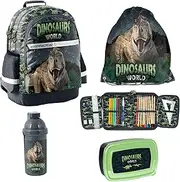 [Paso] 5-Piece School Set: Children's Backpack + Gym Bag + Filled Pencil Case + Drinking Bottle + Lunch Box - Dinosaurs World, Dino, 5, Dino