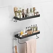 CZKDTT Spice Rack without Drilling, Kitchen Shelf Wall, Spice Rack Hanging with Towel Holder and 2 Hooks, Kitchen Organiser Drawer, Kitchen Utensil Holder, 35 cm Black