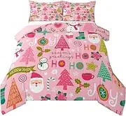 Pink Christmas Comforter Set, Cartoon Santa Claus Bedding Set Queen Size for Kids Boys Girls Women, Snowman Pine Duvet Sets Christmas Tree Cute Deer Down Comforter Xmas Decor with 2 Pillowcases