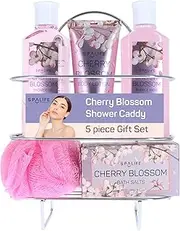 SpaLife Cherry Blossoms Gift Set - 5-Piece Bath and Shower Caddie, Bubble Bath, Shower Gel, Bath Salts, Body Lotion, Relaxing Luxury at Home Spa Experience, Perfect Mother's Day Bath Gift for Women