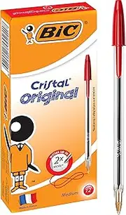 BIC 954378 Cristal Original Ball Pens Medium Point (1.0 mm)- Red, Box of 12