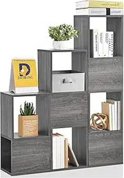 [Giantex] Wooden 9-Cube Bookcase, Free Combination Bookshelf, Multifunctional Storage Organizer, Stepped Bookcase Freestanding Display Shelf for Living Room, Study, Bedroom, Grey