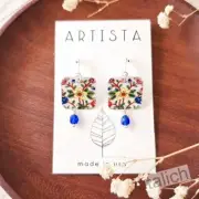 Artista Earrings 'Zoya' Small Floral Square with Blue Bead Lightweight Unique
