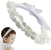 MEXRUMI Baby Hair Band, 1 Piece White Baby Hair Band, Floral Elastic Headband, Pearl Rhinestone, Headband Baby Girl