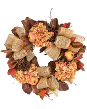 Creative Displays 27in Rustic Fall Wreath with Hydrangeas, Pomegranates & Burlap Bows