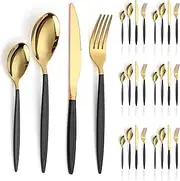 Black and Gold Cutlery Set 24 Pieces Service for 6, Berglander Titanium Gold Plated Black Coating Handle Stainless Steel Flatware Set, Knives Forks Spoons Silverware Set