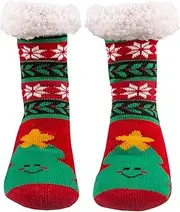 [Evankin] Christmas Socks High Fuzzy Slipper Socks Indoor Warm Wool Socks Skid Long Thick Boot Socks Green/Red/White