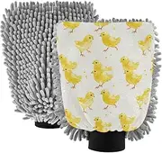 XYMZR Yellow Chick Beige Absorbent Microfiber Car Wash Mitt, Funny Cute Anime Scratch Free for Cars Cleaning, Home Cleaning Mitts, 2 Pack, 10.24” L x 7.09” W