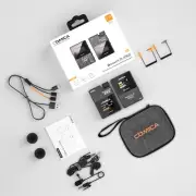 a pair of Comica BoomX-D Pro 2.4GHZ Dual-channel Wireless Lapel Microphone