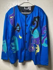 MAGGIE BARNES Patchwork Jacket 3XL Blue Embroidered Wearable Art Blazer NEW
