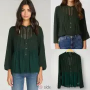 Miss Me Embroidered Beaded Blouse Size Medium Pleated Button Up Henley Babydoll