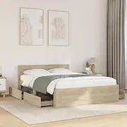 vidaXL Double Bed Frame with Headboard - Sonoma Oak 135x190 cm - Engineered Wood with Slatted Base and Storage Drawers - Bedroom Essential