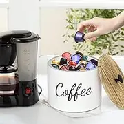 Wooden Coffee Pod Storage with Cover Round Coffee Basket Decor Country Style (White)