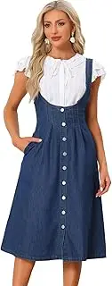 [Allegra K] Suspender Dress for Women's Button Front Classic U Neck Overall Denim Midi Dress with Pockets