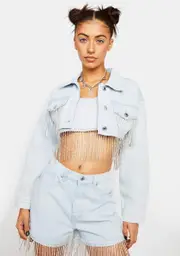 [Dolls Kill x Momokrom] Cropped Denim Jacket With Diamante Fringe