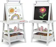 BABY JOY Kids Art Easel, 3 in 1 Double-Sided Standing Easel for Toddlers w/Chalkboard, Whiteboard, Paper Roll, Large Capacity Tool Tray Wooden Art Easel for Kids w/2-Tier Rack, 2 Storage Boxes (White)