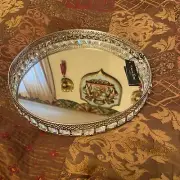 12 “ Tahari Round Mirror Tray: Elevate Your Space- Silver Cut Out With Prisms
