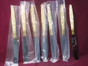 7pc UNKNOWN GOLD PLATED FLORAL Stainless Silverware KNIVES 8 3/4" NM