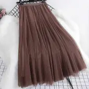Women Solid High Waisted Skirt Many Colors Mesh Tulle A-line Midi Skirt With Lining for Spring Summer khaki One Size