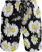 [GuoChe] Men's Beach Shorts Daisy Black and White Quick Dry Beachwear Hot Summer Swim Trunks Pants with Mesh Lining, Daisy Black and White, Small