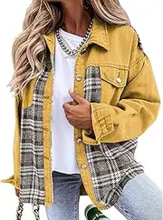[Valtorixia] Women's Oversized Patchwork Denim Jacket Long Sleeve Jacket Top Button Front Oversized Denim with Pockets