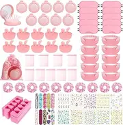 90 Pcs Spa Party Supplies for Girls, Include Pink Eye Mask Skincare Headband Wristband Nail File Toe Separators Nail Stickers Air Cushion Comb Mask Mixing Bowl Set Storage Bags for Spa Sleepover
