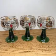 3 VTG Romer Bockling Wine Glasses Green Stems Rhinestone Grapes Leaves Gold Trim