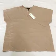 Eileen Fisher Womens S/S Mandarin Collar Shirt Blouse in Dune Size S or XL $198