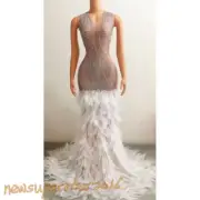 Women Performance Costume Sleeveless Dress Half Feather Decoration Stage Skirt