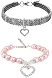 Rhinestones Dog Collar and Pearl Dog Necklace Set, Adjustable Neck Strap Bling F