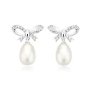 Sterling Silver Round White Fresh Water Pearl & Cubic Zirconia Drops Earrings
