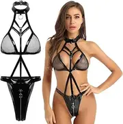 [Yuedefly] Leather Lingerie Set for Women, Openwork Mesh with Zipper Black Strappy Backless Chain Sleepwear Sexy Bodysuit, Suitable for Parties Anniversary Valentine's Day Date Nights Honeymoon Nights