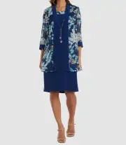 R & M Richards Women's Blue Printed Jacket Sheath Dress Set Plus Size 10