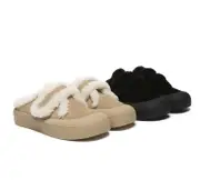 EVERAU® UGG Slippers Women Sheepskin Wool Adjustable Strap Shearling Lined Stacia - Black / AU Ladies 6 / AU Men 4 / EU 37