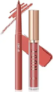 Apooliy 2Pcs Matte Liquid Lipstick and Lip Liner Set,Waterproof Lipstick Shades Set Lip Stain,Long Lasting,Nude Brown Lip Gloss Lip Liner Pencil