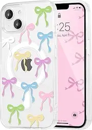 UEEBAI Magnetic for iPhone 14 Plus/15 Plus Case, Bow Case Compatible with MagSafe, Spring Feeling Wireless Slim Clear Ribbon Aesthetic Cover Anti-Yellowing Protective Cover for Women Girl - Colorful