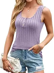 [Akiooue] Vest Tops for Women UK Button Up Crew Neck Summer Tank Tops Casual Sleeveless Knit Blouse Shirts