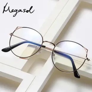【MEGASOL】抗UV濾藍光文青款萌貓耳平光眼鏡(藍光變色金屬框眼鏡-BS885215)