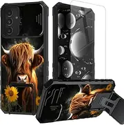 [BREIDMKFM] for A14 Samsung Phone Case with Screen Protector & Kickstand & Slide Camera Lens Cover for Samsung Galaxy A14 5G Case Heavy Duty Dual Layer Rugged,Highland Cow Cute
