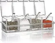 PENGQIMM 4 Piece Seasoning Box Transparent Spice Storage Containers with Spoons,Clear Seasoning Rack,Airtight Clear Seasoning Box,Seasoning Storage Container for Sugar, Salt, Pepper and Other Spices