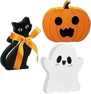 3PCS Halloween Tiered Tray Decor, Cute Black Cat Ghost Pumpkin Wooden Decorations for Home Mantle Fireplace Shelf