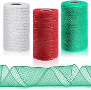 Glarks 3 Rolls Halloween Mesh Ribbon Deco Metallic Foil Poly Mesh Ribbon Silver, Red with Green, Christmas Green Mesh Rolls for Wreaths, Swags, Craft, Party and Decorating Supplies