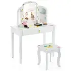 Kids Vanity Table Set with Tri-Folding Mirror and Large Drawer-White - Color: Wh
