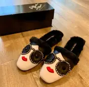 NIB NEW Alice + Olivia Maja Stace Face Faux Fur-Lined Leather Slippers Size 7
