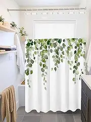 Clblhlolkuy Waterproof Shower Curtain for Bathroom, Eucalyptus Leaves Green Leaves Watercolor Hotel Fabric Soft Bath Curtain with Semi-Transparent Top Window & Hooks, 72"x72"