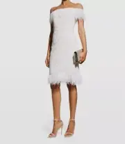 $395 Aidan Mattox Women Ivory Off-Shoulder Feather-Trim Lace Dress Size 4