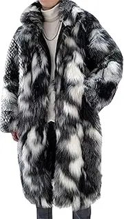[Zylphorix] Men Long Stand Collar Faux Fur Coat Open Front Cozy Padded Furry Overcoat Winter Warm Loose Pocket Outerwear